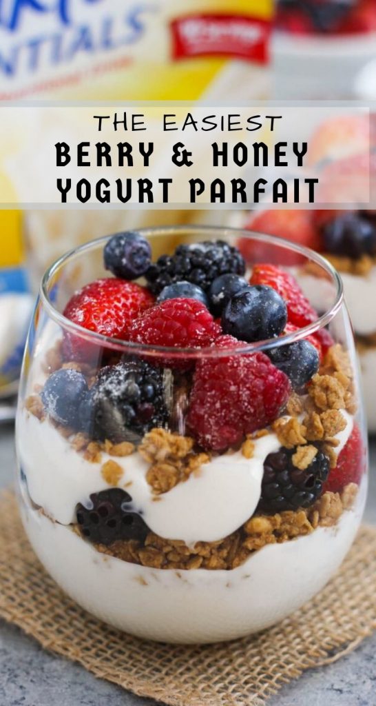 Packed with creamy yogurt, fresh berries, granola and honey, this Berry Honey Yogurt Parfait is a delicious way to start your mornings off right! #yogurt #yogurtparfait #yogurtparfaitrecipe #berryparfait #healthybreakfast #healthysnack