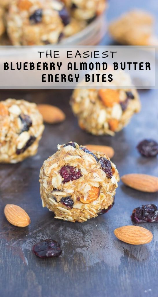 These Blueberry Almond Butter Energy Bites are packed with healthier ingredients to make an easy, on-the-go breakfast or snack. Filled with hearty oats, dried blueberries, chia seeds, honey, and almond butter, these bites take just minutes to make and are full of flavor! #bites #energybites #blueberryenergybites #almondbutterenergybites #energybitesrecipe #healthysnack #healthybreakfast