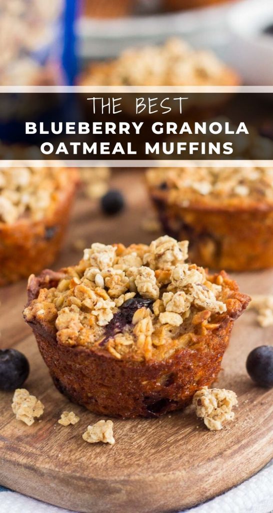 These Blueberry Granola Oatmeal Muffins are packed with hearty oats, fresh blueberries, and topped with sweet granola. Crunchy on the outside and soft on the inside, this simple breakfast can be prepped the night before and made in the morning! #muffins #blueberrymuffins #granolamuffins #oatmealmuffins #muffinrecipe #healthybreakfast #healthysnack #breakfast