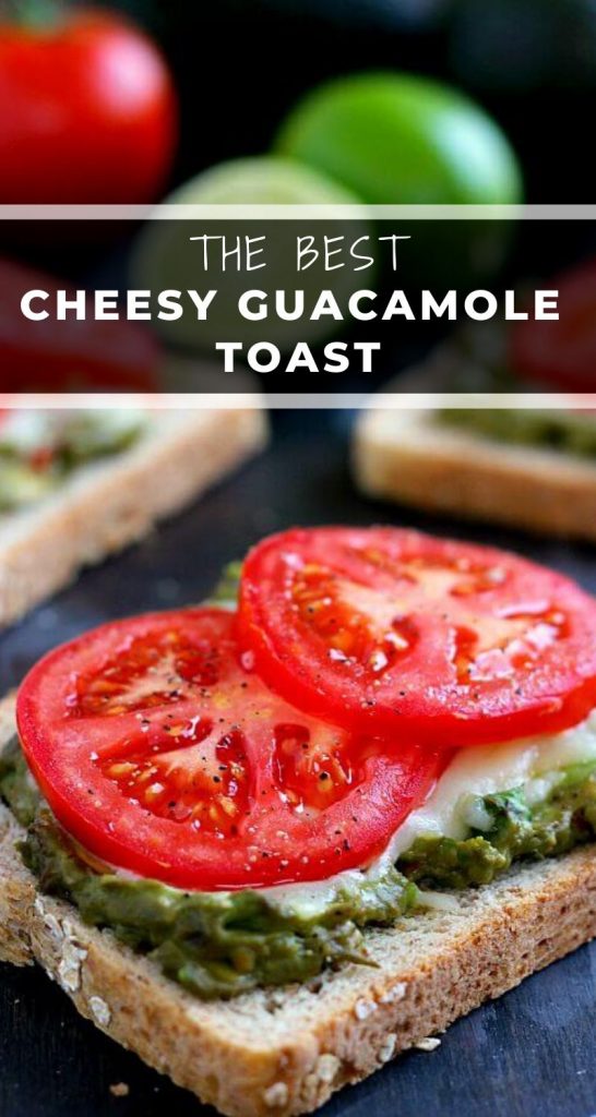 This Cheesy Guacamole Toast is loaded with creamy guacamole, mozzarella cheese, and fresh tomatoes. Full of flavor and healthy ingredients, this toast makes the perfect breakfast or mid-morning snack! #toast #guacamole #guacamoletoast #avocadotoast #cheesytoast #toastrecipe