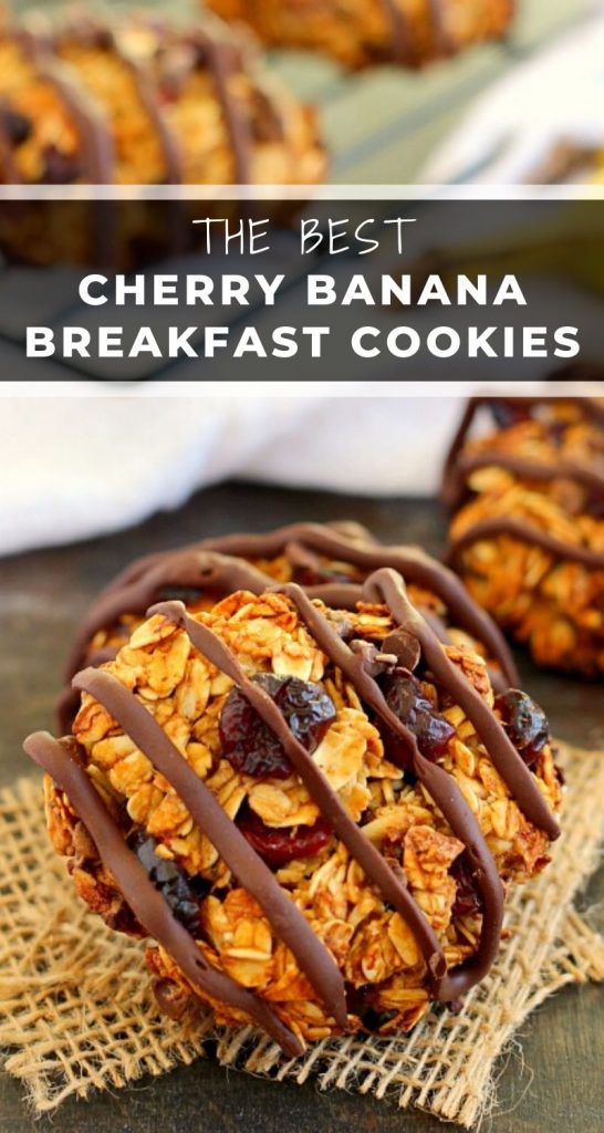 Jam-packed with hearty oats, bananas, dried cherries and chocolate chips, these Chocolate Cherry Banana Breakfast Cookies are a healthy, one-bowl treat. If you love eating dessert for breakfast, then these cookies were made for you! #cookies #breakfastcookies #breakfastcookierecipe #cherrybreakfastcookies #bananabreakfastcookies #healthybreakfast