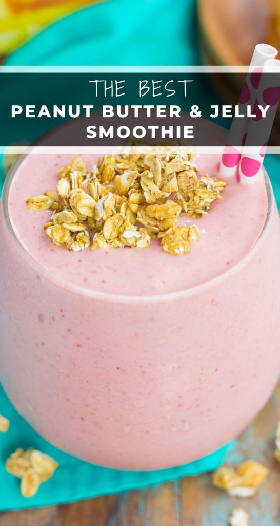 This Peanut Butter and Jelly Granola Smoothie is thick, creamy, and packed with a classic peanut butter and jelly taste, in drink form! #smoothie #peanutbuttersmoothie #pbjsmoothie #granolasmoothie #healthysmoothie #healthybreakfast #healthysnack