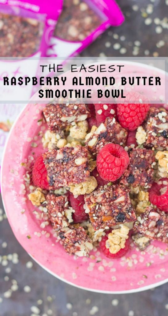 This Raspberry Almond Butter Smoothie Bowl is a delicious way to start your mornings off right. Packed with sweet raspberries, Greek yogurt, and almond butter, this bowl is bursting with flavor and just the right amount nutritious ingredients! #smoothie #smoothierecipe #smoothiebowl #raspberrysmoothiebowl #almondbuttersmoothie #almondbuttersmooothiebowl #healthysmoothie #healthybreakfast #healthysnack
