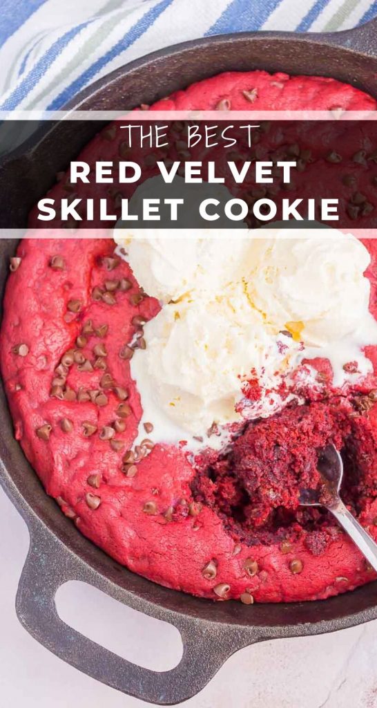 Red Velvet Skillet Cookie is thick and chewy, with a warm, gooey center. Baked in a skillet and topped with chocolate chips, you'll want to dig in with a big scoop of vanilla ice cream! #cookie #skilletcookie #skilletcookierecipe #redvelvet #redvelvetcookies #redvelvetskilletcookie #valentinesdaydessert #christmasdessert