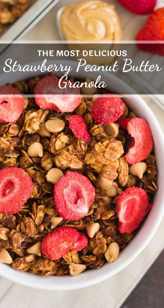 This Strawberry Peanut Butter Granola is packed with crunchy granola clusters, pecans, peanut butter chips, and strawberries. It's an easy treat that makes the perfect breakfast or snack to satisfy your peanut butter cravings! #granola #granolarecipe #easygranola #strawberrygranola #peanutbuttergranola #healthygranola #healthybreakfast #healthysnack #breakfast #snack