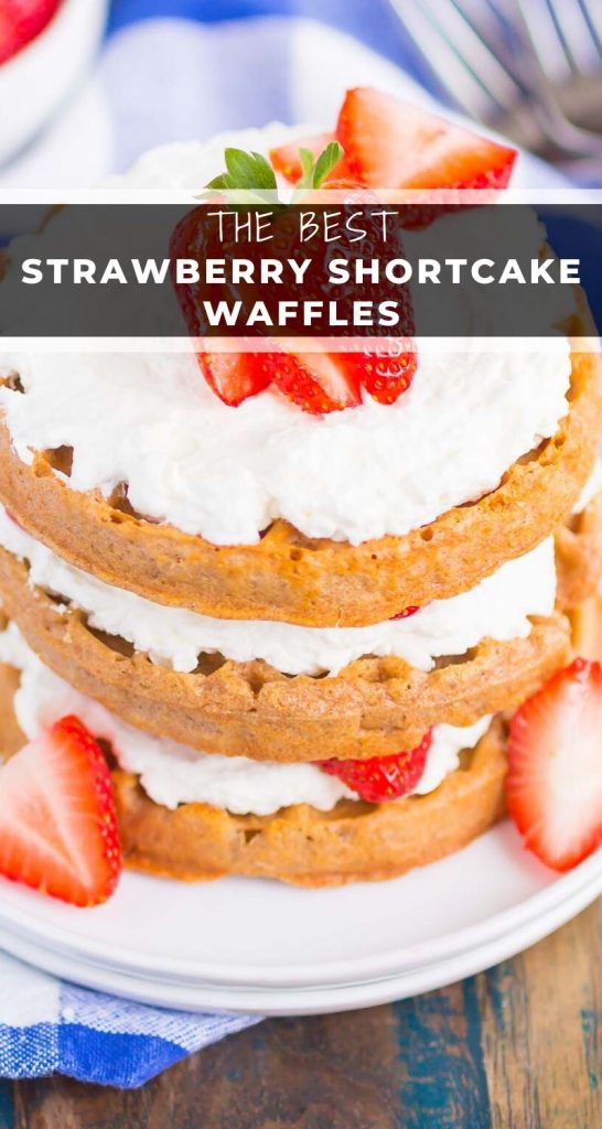 Strawberry Shortcake Waffles make a deliciously sweet and easy breakfast. Made with fresh strawberries, and whipped cream sweetened with honey, this dish is the perfect way to start your day! #waffles #wafflerecipe #strawberrywaffles #strawberryshortcakewaffles #breakfast #easybreakfast