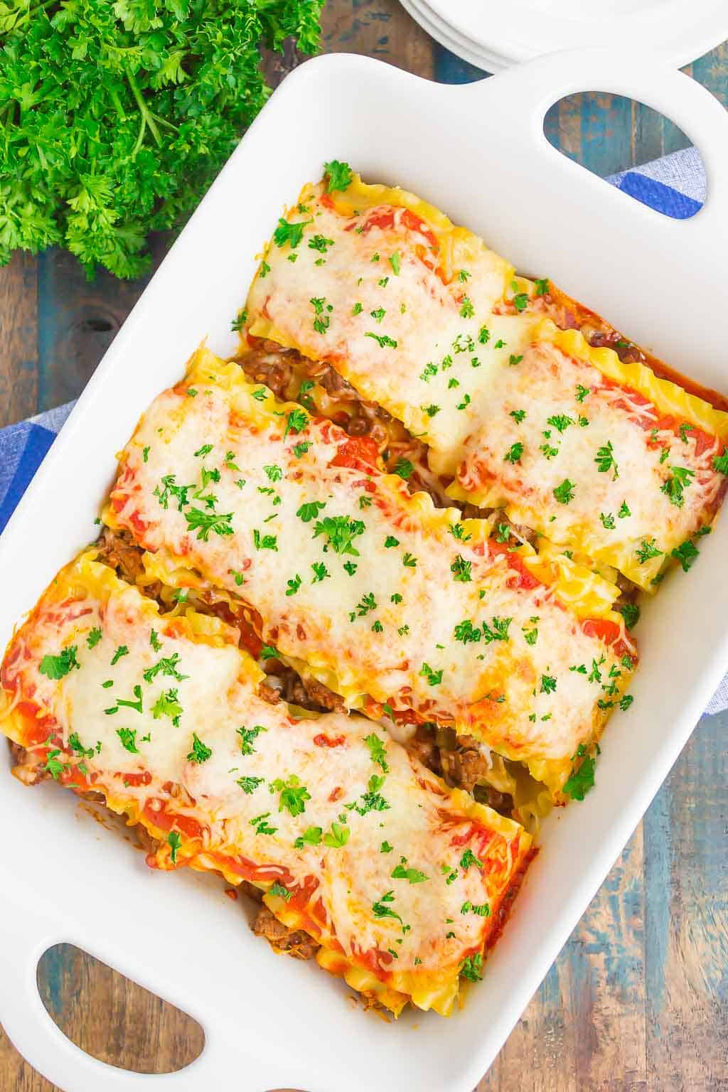Easy Lasagna Rolls combine the classic flavors of lasagna, but without all of the prep work. With just a few ingredients, this hearty comfort dish is ready in 30 minutes!
