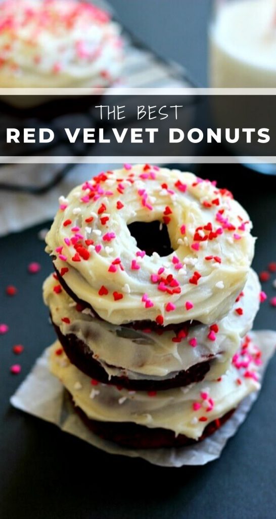 Bursting with a rich chocolate flavor and cream cheese frosting, these Baked Red Velvet Donuts are fit for the ultimate red velvet lover! #redvelvet #redvelvetdonuts #bakeddonuts #redvelvetdessert #valentinesdaydessert #dessert
