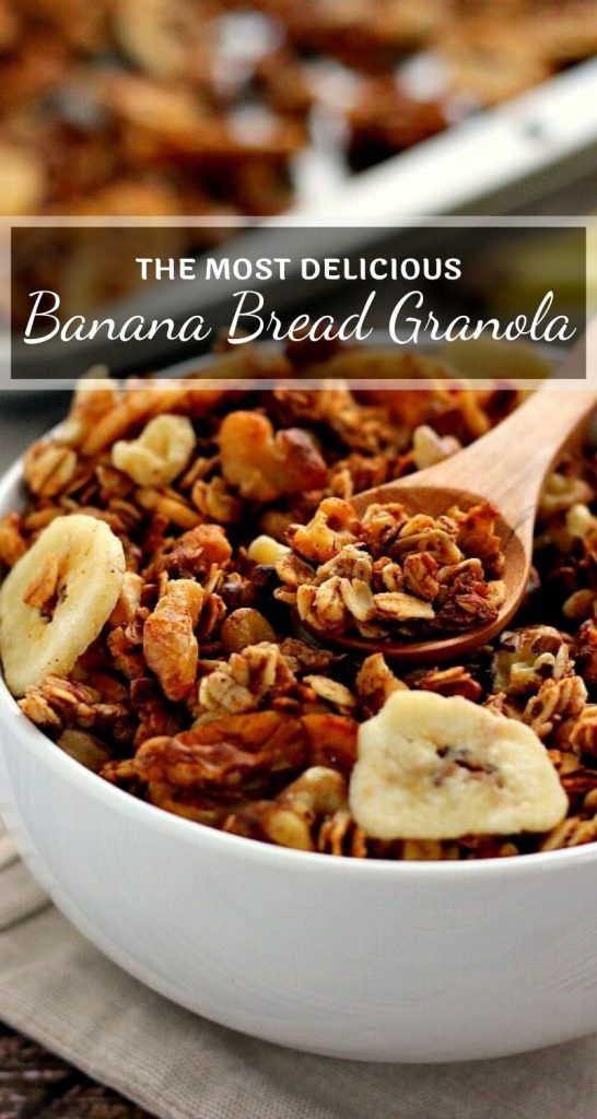 This Banana Bread Granola is crunchy, hearty, and tastes just like banana bread! It's the perfect breakfast or snack to keep you full and satisfied! #granola #granolarecipe #bananagranola #bananabreadgranola #bestgranola #healthygranola