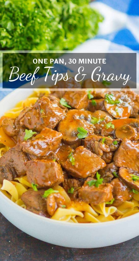 Beef Tips and Gravy make a simple, one pan meal that's ready in just 30 minutes. Tender beef tips are smothered in an easy and flavorful mushroom gravy. Serve on top of noodles or mashed potatoes for a deliciously hearty meal! #beef #beeftips #beefrecipe #beeftipsandgravy #bestbeeftips #gravy #easydinnerrecipes #dinner #comfortfood