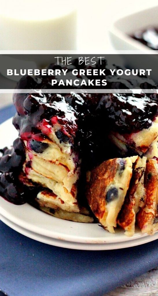 These protein-packed Blueberry Greek Yogurt Pancakes are filled with plump blueberries, vanilla Greek yogurt and just the right amount of flavor! #pancakes #greekyogurt #greekyogurtpancakes #blueberrypancakes #fluffypancakes #bestpancakes #breakfast