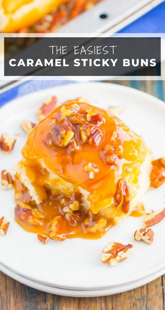 Caramel Sticky Buns are soft, sweet, and ready in just 30 minutes. Sweet rolls are topped with a rich caramel sauce, chopped pecans, and then baked until golden. Perfect for breakfast or dessert! #stickybuns #sweetrolls #caramelstickybuns #caramelrolls #breakfast #dessert