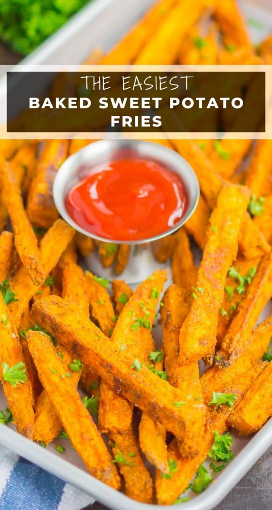 Crispy Baked Sweet Potato Fries are easy to make and seasoned to perfection. Healthier than the fried version and so delicious, these crunchy fries are perfect for a simple snack or side dish! #fries #sweetpotatofries #bakedfries #bakedsweetpotatofries #crispyfries #sweetpotato #healthyrecipes #appetizer #sidedish