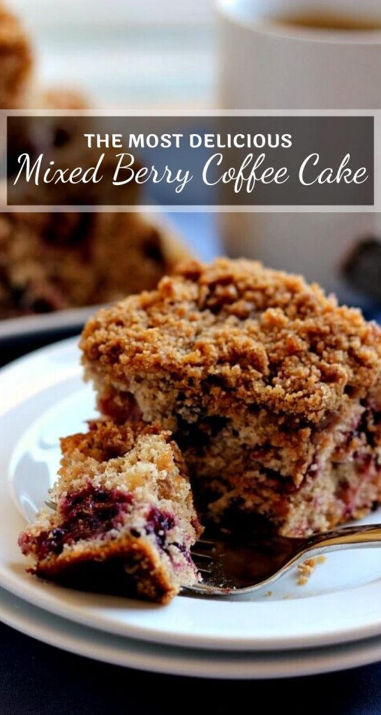 Bursting with strawberries, blueberries, blackberries, and raspberries, this Mixed Berry Coffee Cake is moist and light, with cinnamon sprinkled in! #coffeecake #berrycoffeecake #bestcoffeecake #easycoffeecake #breakfast #dessert