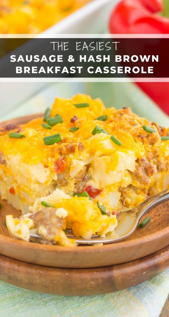 Loaded with fluffy eggs, sausage bites, hash brown potatoes, and cheese, this tasty Sausage and Hash Brown Breakfast Casserole comes together in minutes and is sure to be a favorite dish! #sausagecasserole #hashbrowncasserole #eggcasserole #easybreakfast #breakfastcasserole #breakfast