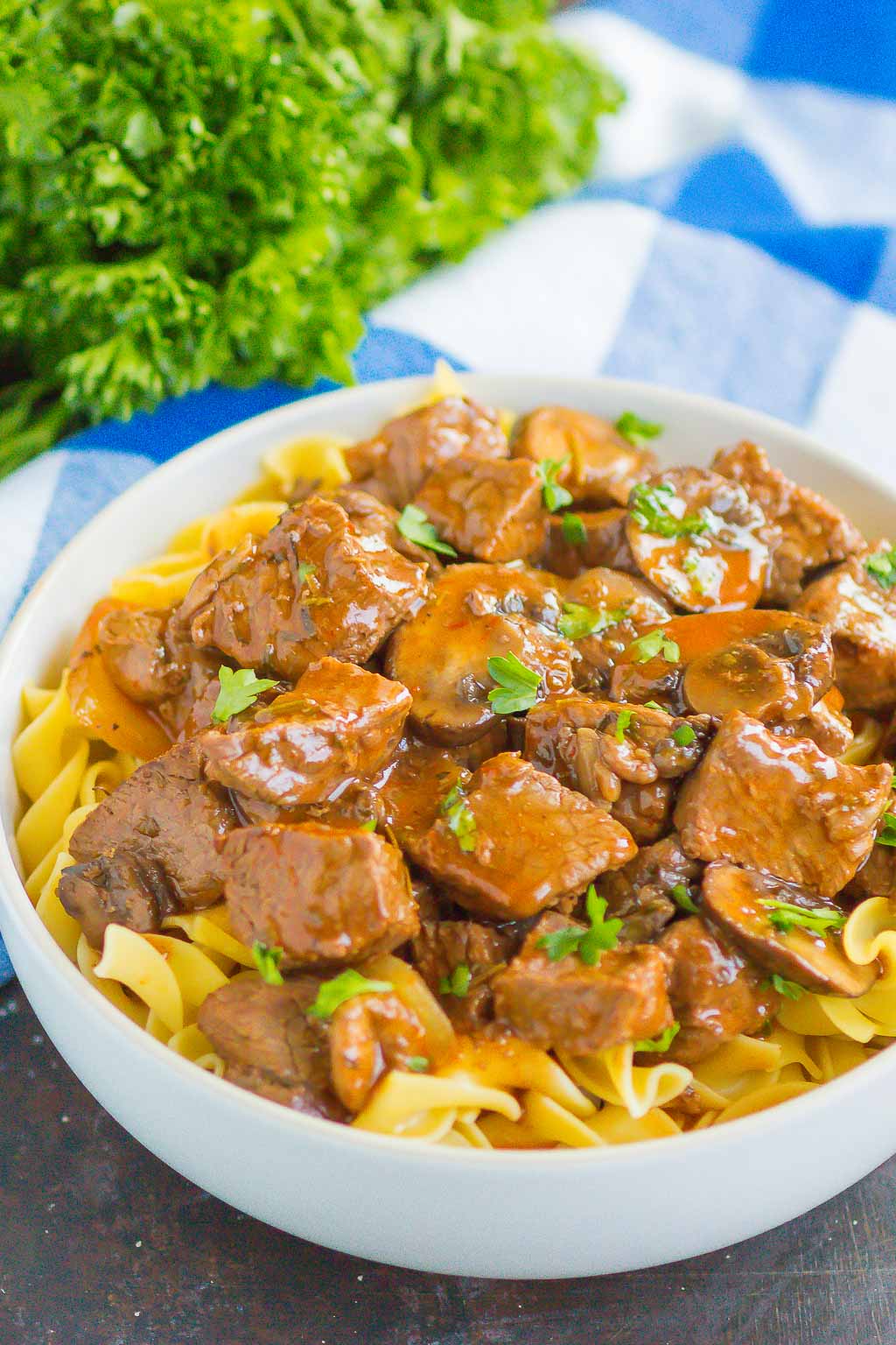 Beef Tips and Gravy make a simple, one pan meal that's ready in just 30 minutes. Tender beef tips are smothered in an easy and flavorful mushroom gravy. Serve on top of noodles or mashed potatoes for a deliciously hearty meal!