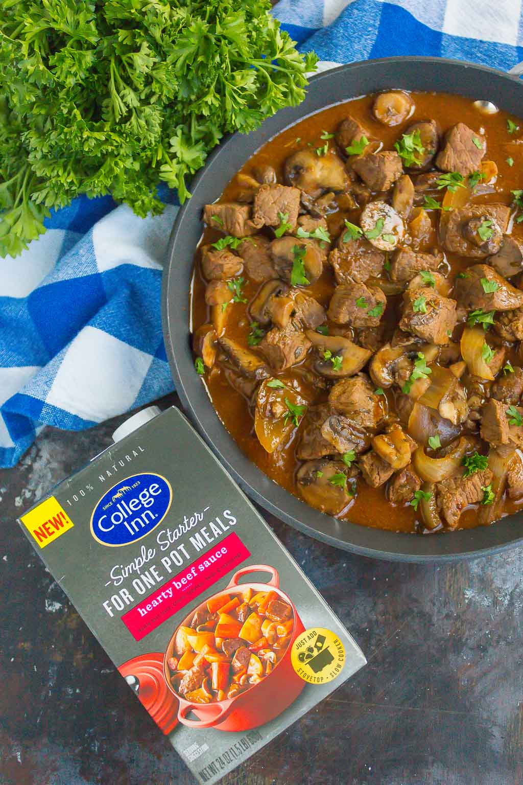 Beef Tips and Gravy make a simple, one pan meal that's ready in just 30 minutes. Tender beef tips are smothered in an easy and flavorful mushroom gravy. Serve on top of noodles or mashed potatoes for a deliciously hearty meal!