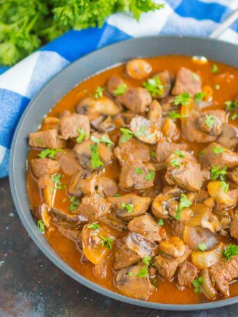 Beef Tips and Gravy make a simple, one pan meal that's ready in just 30 minutes. Tender beef tips are smothered in an easy and flavorful mushroom gravy. Serve on top of noodles or mashed potatoes for a deliciously hearty meal!