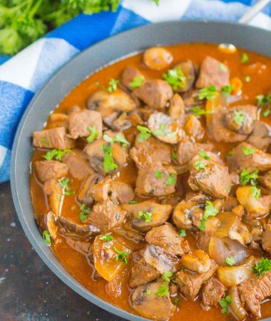 Beef Tips and Gravy make a simple, one pan meal that's ready in just 30 minutes. Tender beef tips are smothered in an easy and flavorful mushroom gravy. Serve on top of noodles or mashed potatoes for a deliciously hearty meal!