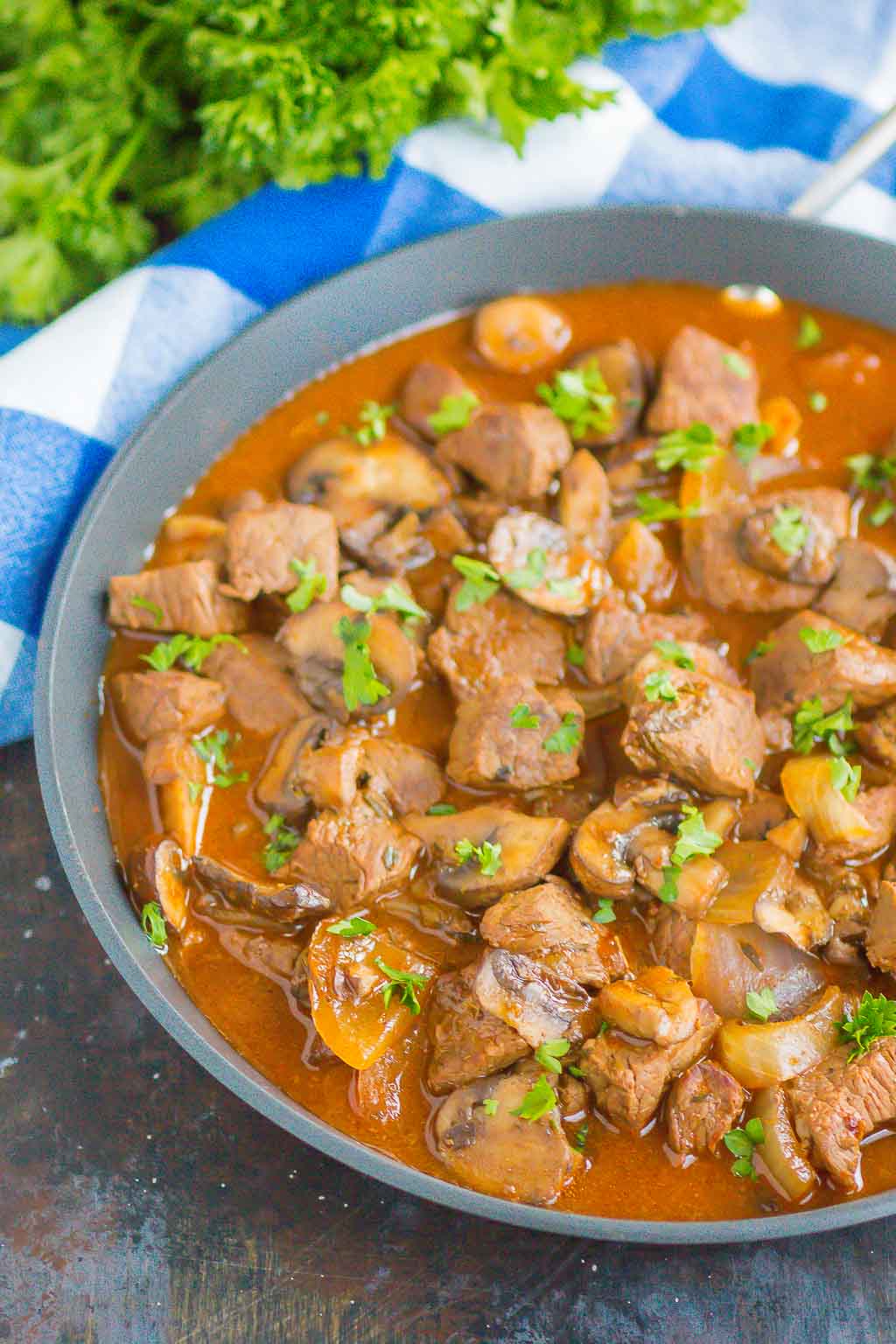 Beef Tips and Gravy make a simple, one pan meal that's ready in just 30 minutes. Tender beef tips are smothered in an easy and flavorful mushroom gravy. Serve on top of noodles or mashed potatoes for a deliciously hearty meal!