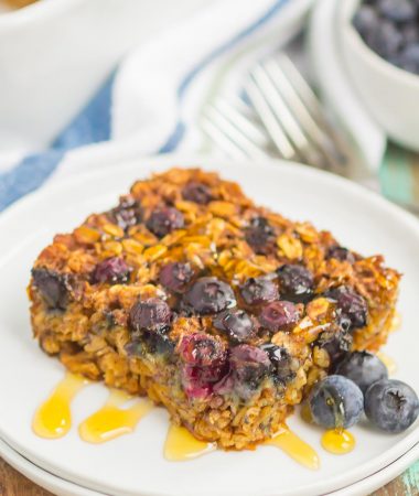 Blueberry Baked Oatmeal is an easy, make-ahead dish that's perfect for busy mornings. Tangy blueberries and hearty oats are sweetened with just the right amount of cozy spices. Serve this baked oatmeal with a drizzle of honey or maple syrup for a hearty breakfast!