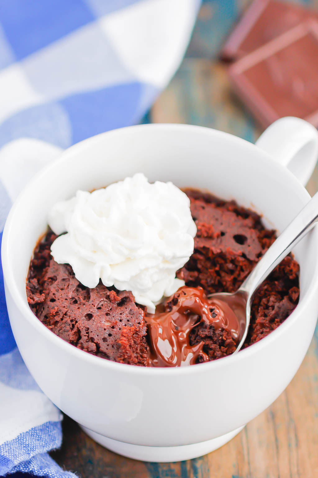 Chocolate Lava Mug Cake is moist and fudgy, with a warm molten center. Made in the microwave and ready in minutes, this easy treat is perfect for chocolate lovers!