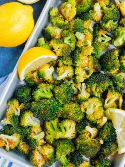 Roasted Garlic Lemon Broccoli is an easy side dish that's ready in less than 30 minutes. With just four ingredients, this simple veggie is tender, yet slightly crispy and all-around delicious!