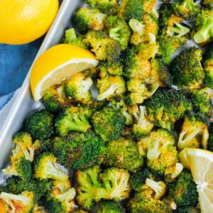Roasted Garlic Lemon Broccoli is an easy side dish that's ready in less than 30 minutes. With just four ingredients, this simple veggie is tender, yet slightly crispy and all-around delicious!