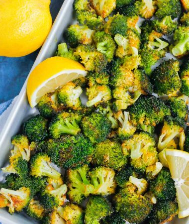 Roasted Garlic Lemon Broccoli is an easy side dish that's ready in less than 30 minutes. With just four ingredients, this simple veggie is tender, yet slightly crispy and all-around delicious!