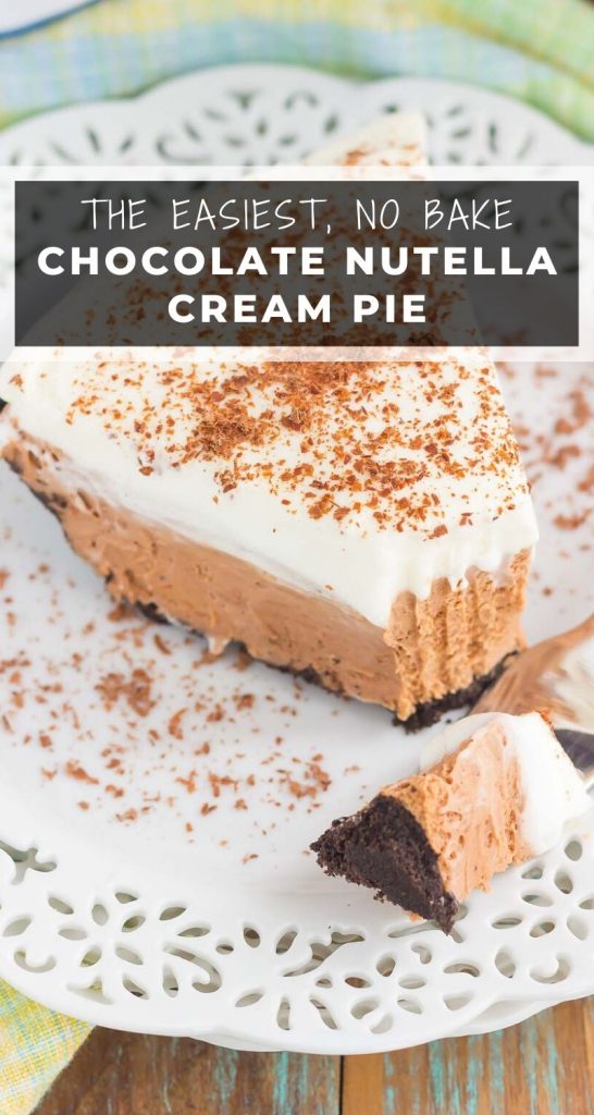 This Chocolate Nutella Cream Pie is filled with a smooth and creamy base of nutella, enveloped in a chocolate cookie crust and topped with homemade whipped cream. Easy to make and ready in no time, this decadent recipe is perfect for impressing dessert lovers everywhere! #nutella #nutellapie #pie #nobake #nobakepies #pierecipes #nutellarecipes #nobakedesserts