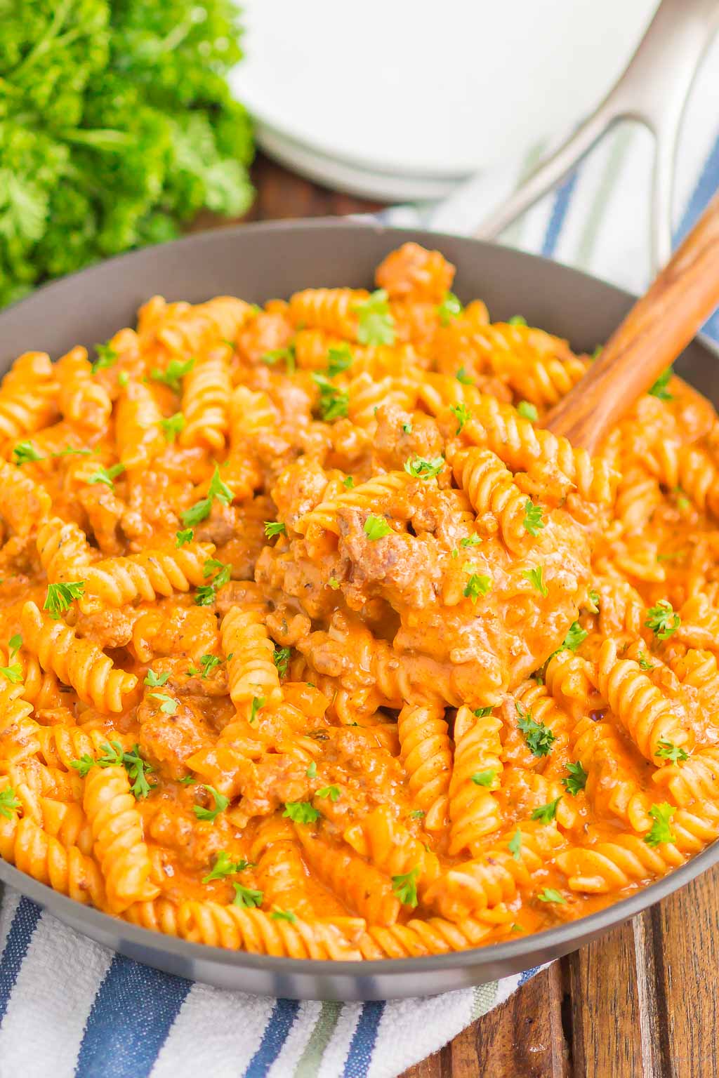 ground beef pasta in large skillet 