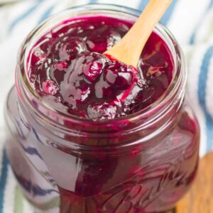 Easy Blueberry Sauce is made with just five ingredients and ready in no time. This simple sauce is the perfect topping for toast, waffles, pancakes, ice cream, and so much more!