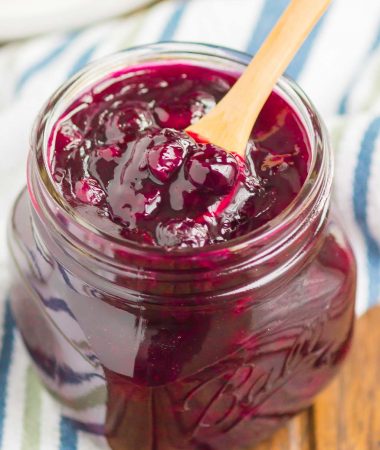 Easy Blueberry Sauce is made with just five ingredients and ready in no time. This simple sauce is the perfect topping for toast, waffles, pancakes, ice cream, and so much more!