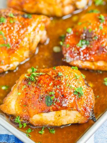 Honey Balsamic Chicken is an easy dish that's loaded with flavor. A simple marinade makes a delicious glaze for chicken thighs that's tangy, sweet, and oh-so delicious!