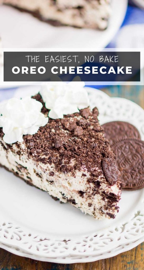 No Bake Oreo Cheesecake is an easy dessert made with a sweet Oreo crust. With no oven required and a just a few ingredients, this smooth and creamy cheesecake is perfect for Oreo lovers! #nobake #nobakecheesecake #oreocheesecake #cheesecake #oreodessert #summerdessert #easydessert #dessert