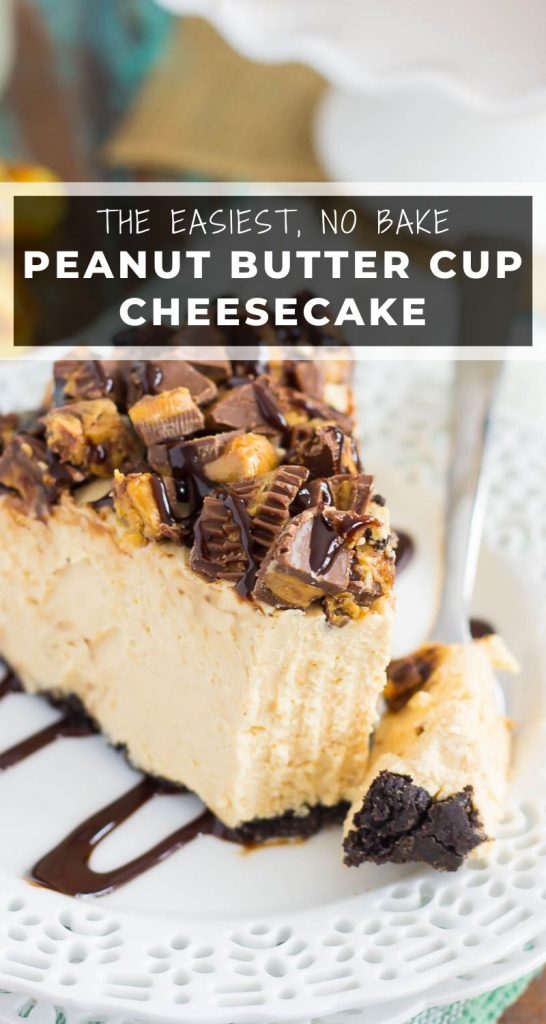 This No-Bake Peanut Butter Cup Cheesecake starts with an Oreo peanut butter cookie crust, followed by a creamy, peanut butter batter, and sprinkled with chopped peanut butter cups and chocolate syrup! #cheesecake #nobake #nobakecheesecake #peanutbutter #peanutbuttercheesecake #cheesecakerecipe #nobakerecipes #dessert #easydesserts