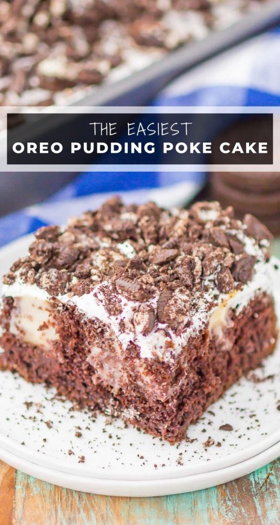 Oreo Pudding Poke Cake is chocolatey, fluffy, and simple to make. A fudgy cake is loaded with white chocolate pudding and studded with a creamy whipped topping and lots of Oreo cookies. The easiest, most delicious cake!  #cake #cakerecipes #pokecake #pokecakerecipe #oreos #oreocake #oreopokecake #oreopuddingcake #dessert #easydessert