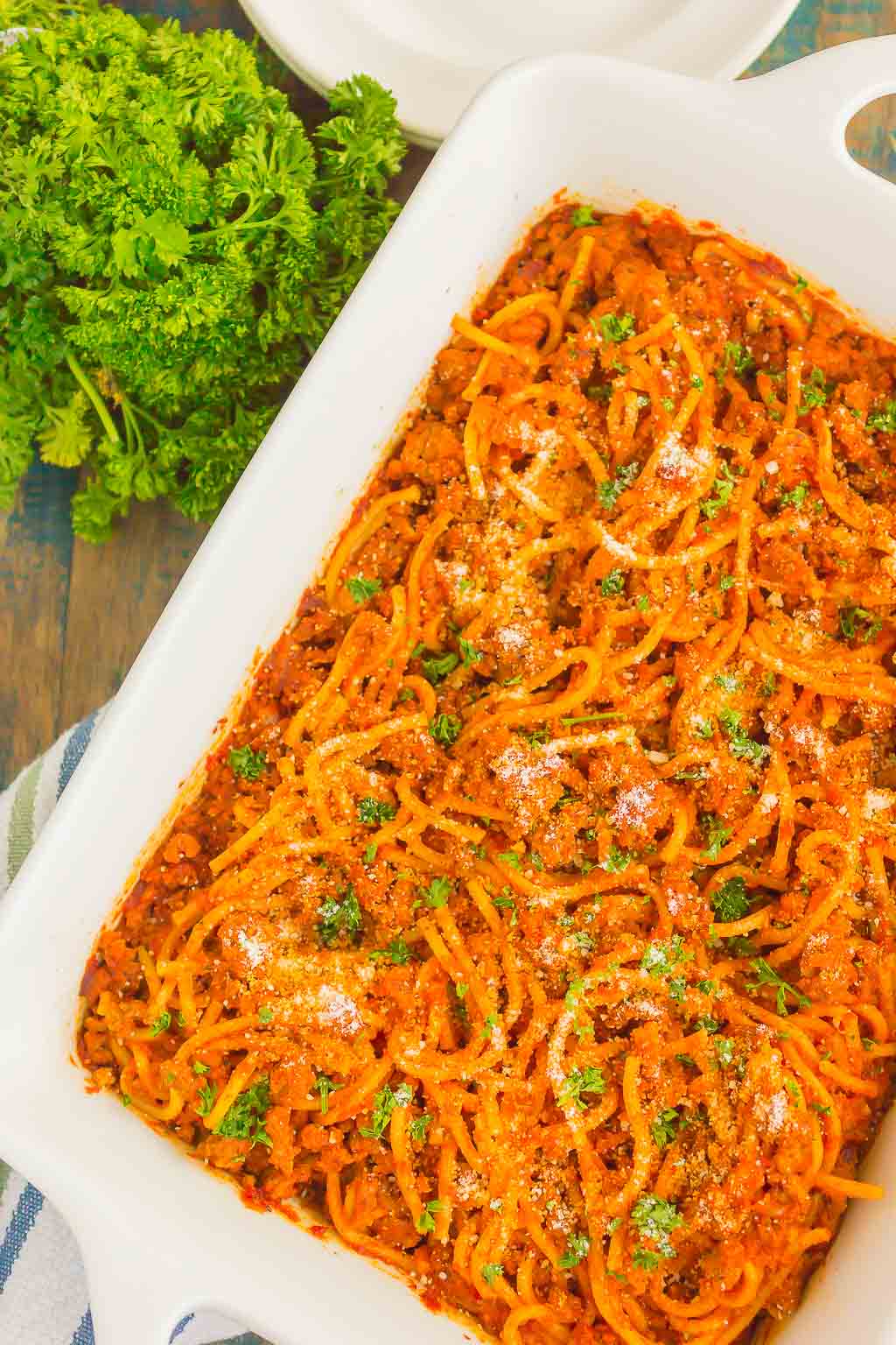 overhead view of a spagetti bake in a casserole dish 