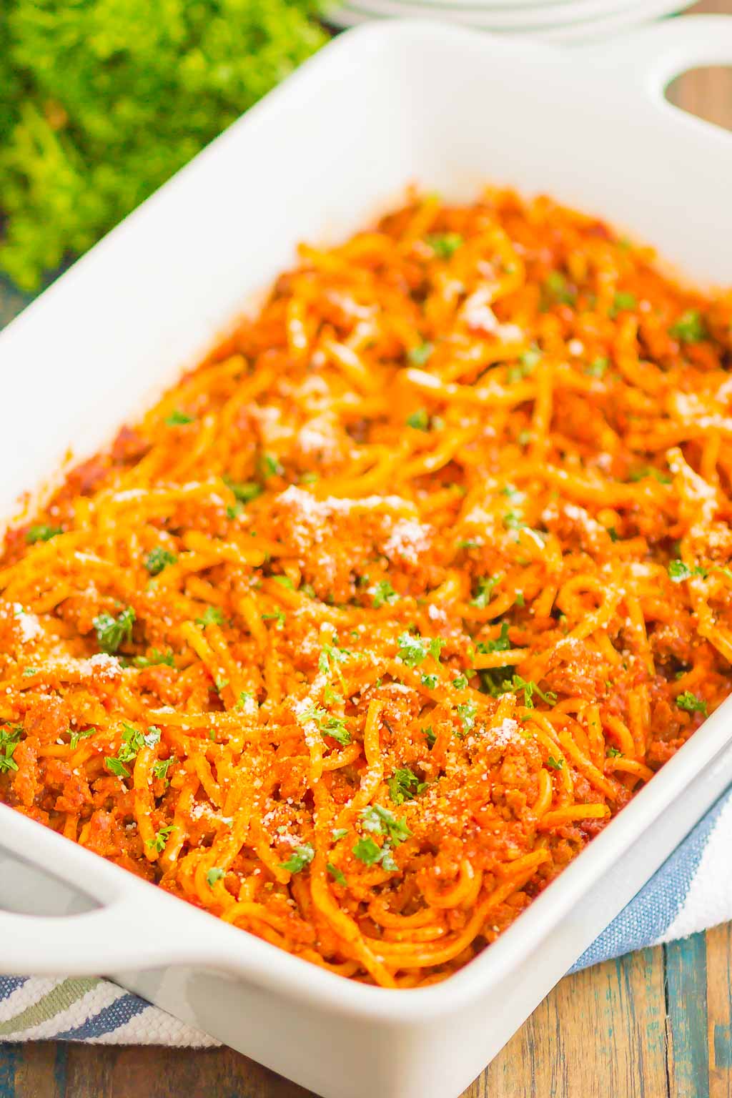 a spaghetti pasta bake in a casserole dish 