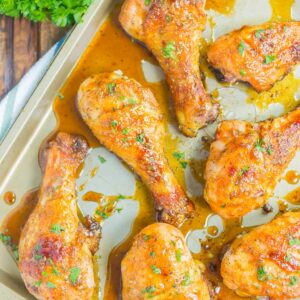 Honey Garlic Chicken Legs are a fast and easy dish that's loaded with flavor. Chicken legs are coated in a sweet and savory glaze and baked until tender and juicy. Perfect for a simple dinner!