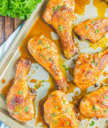 Honey Garlic Chicken Legs are a fast and easy dish that's loaded with flavor. Chicken legs are coated in a sweet and savory glaze and baked until tender and juicy. Perfect for a simple dinner!