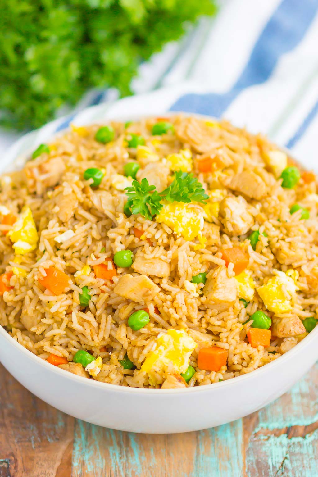 serving bowl of pressure cooker chicken fried rice