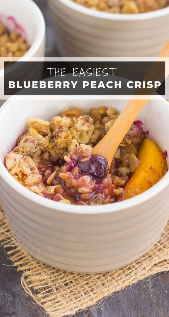 With fresh blueberries, juicy peaches, and a buttery crumble topping, this Blueberry Peach Crisp will quickly become your favorite dessert! #crisp #blueberrycrisp #peachcrisp #peachblueberrycrisp #summerdesserts #desserts #dessertrecipes