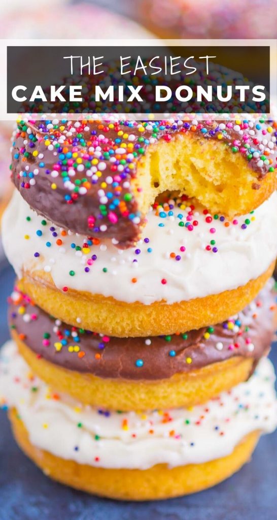 Cake Mix Donuts are light, fluffy, and simple to make. With just two ingredients, you can have these baked donuts ready to serve for a fun breakfast or dessert! #cakemix #cakemixdonuts #cakedonuts #bakeddonuts #bakedcakedonuts #homemadedonuts #cakemixrecipes #breakfast #easybreakfastrecipes #dessert #easydessertrecipes