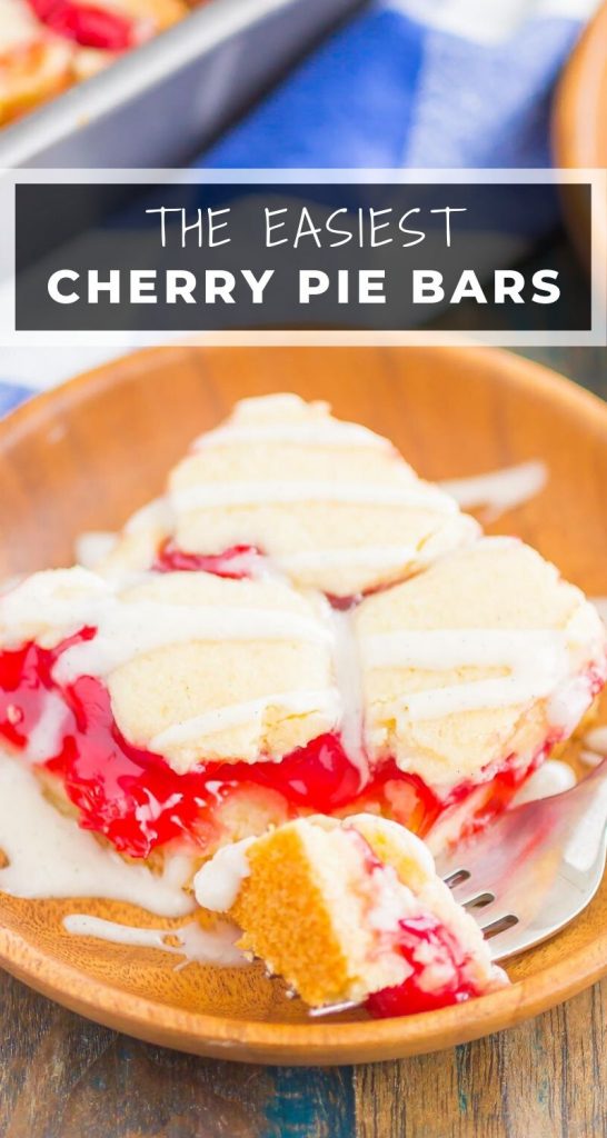 Cherry Pie Bars taste just like the classic recipe, but in bar form. With a buttery crust, sweet cherry filling and vanilla glaze, these bars are the easiest way to get your pie fix! #cherry #cherrypie #cherrypiebars #cherrybars #cherrydesserts #summerdessert #easydesserts #dessertrecipes #dessert #cherryrecipes