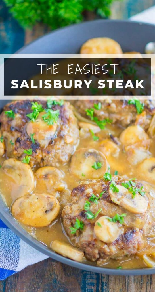 Easy Salisbury Steak with mushroom gravy is ready in just 30 minutes. It's the perfect comfort dish that your whole family will love! #salisburysteak #easysalisburysteakrecipe #easydinner #dinner #dinnerrecipes #groundbeefrecipes