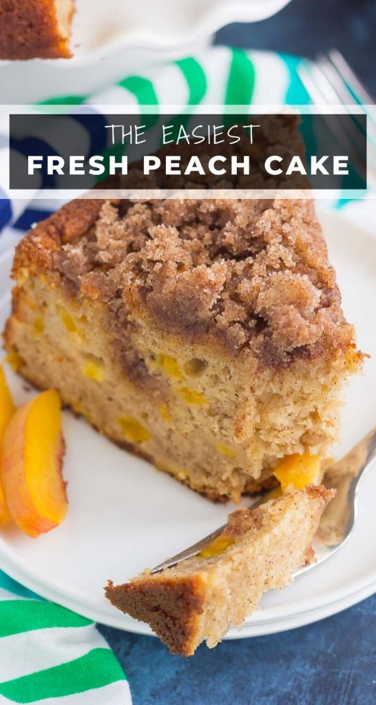 With juicy peaches, spices, and peach yogurt for extra taste and texture, this Fresh Peach Cake bakes up light, moist and delicious! #cake #peachcake #peachrecipe #peachcakerecipe #cakerecipe #easycake #desserts #summerdesserts #dessert