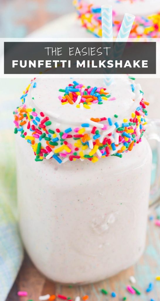 Creamy vanilla ice cream, swirled with funfetti cake batter mix creates this smooth and indulgent Funfetti Cake Batter Milkshake! #milkshake #milkshakerecipe #funfetti #funfettirecipes #funfettimilkshake #cakebatter #cakebattericecream #icecreamrecipes #summerdesserts