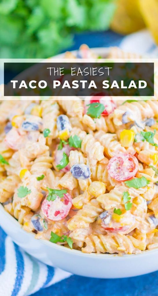Taco Pasta Salad is loaded with Mexican flavors and ready in no time. With a creamy, zesty dressing and all of your favorite toppings, this easy pasta salad is perfect for your next party! #pasta #pastasalad #tacopastasalad #tacosalad #easypastasalad #pastasaladrecipes #summerrecipes #summersalads #sidedish