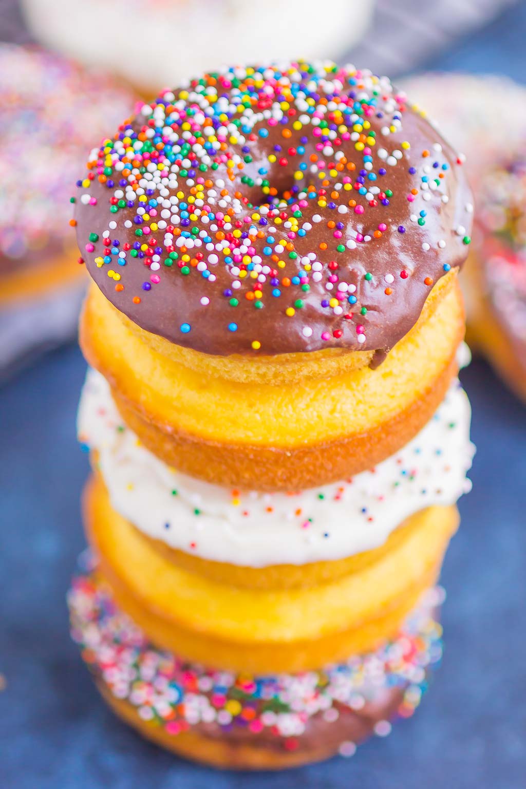 A stack of frosted baked donuts from cake mix. 